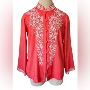 Talbots Vintage Cotton Button Front Boho Tunic with White Embroidery small